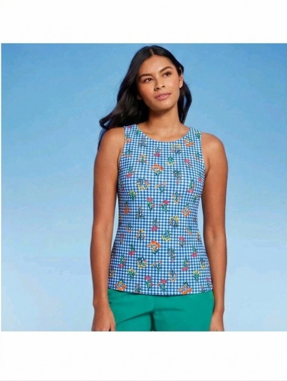Lands End High Neck Tankini Top Blue Checker 4
